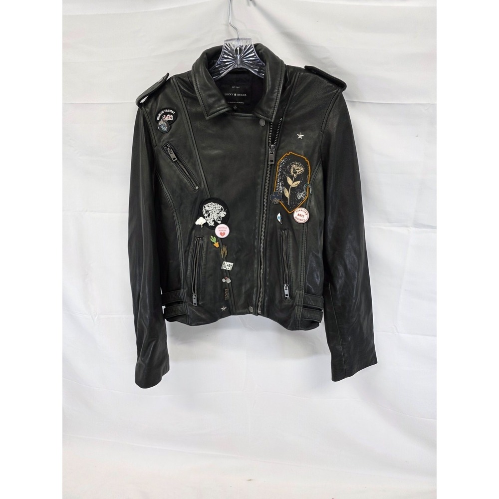 Lucky Brand Womens Leather Moto Jacket Black Patches‎ Pins Punk Biker Size L